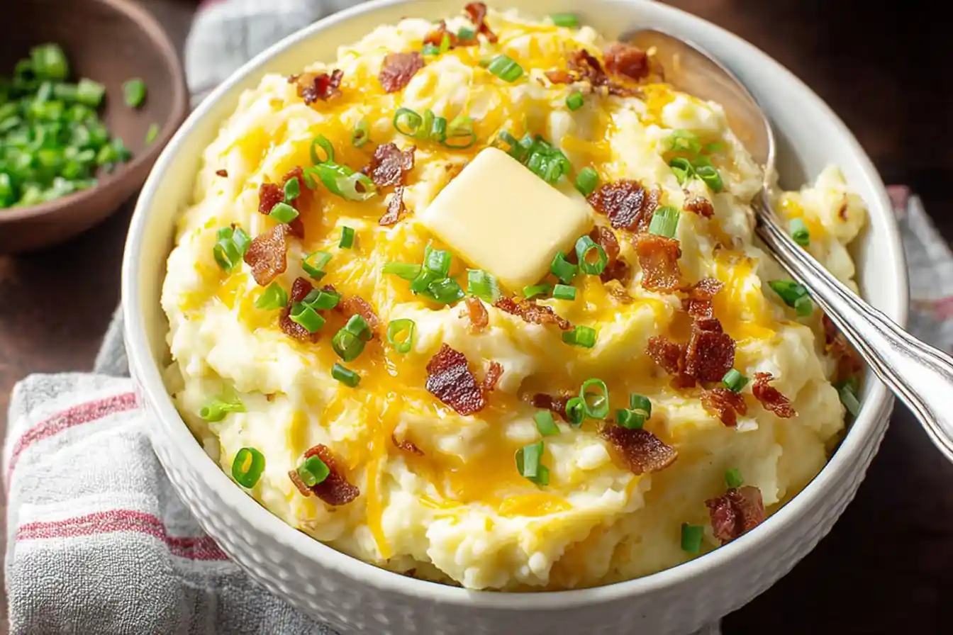 A rustic bowl of fluffy, golden mashed potatoes, visibly creamy and topped with a sprinkle of fresh green herbs.