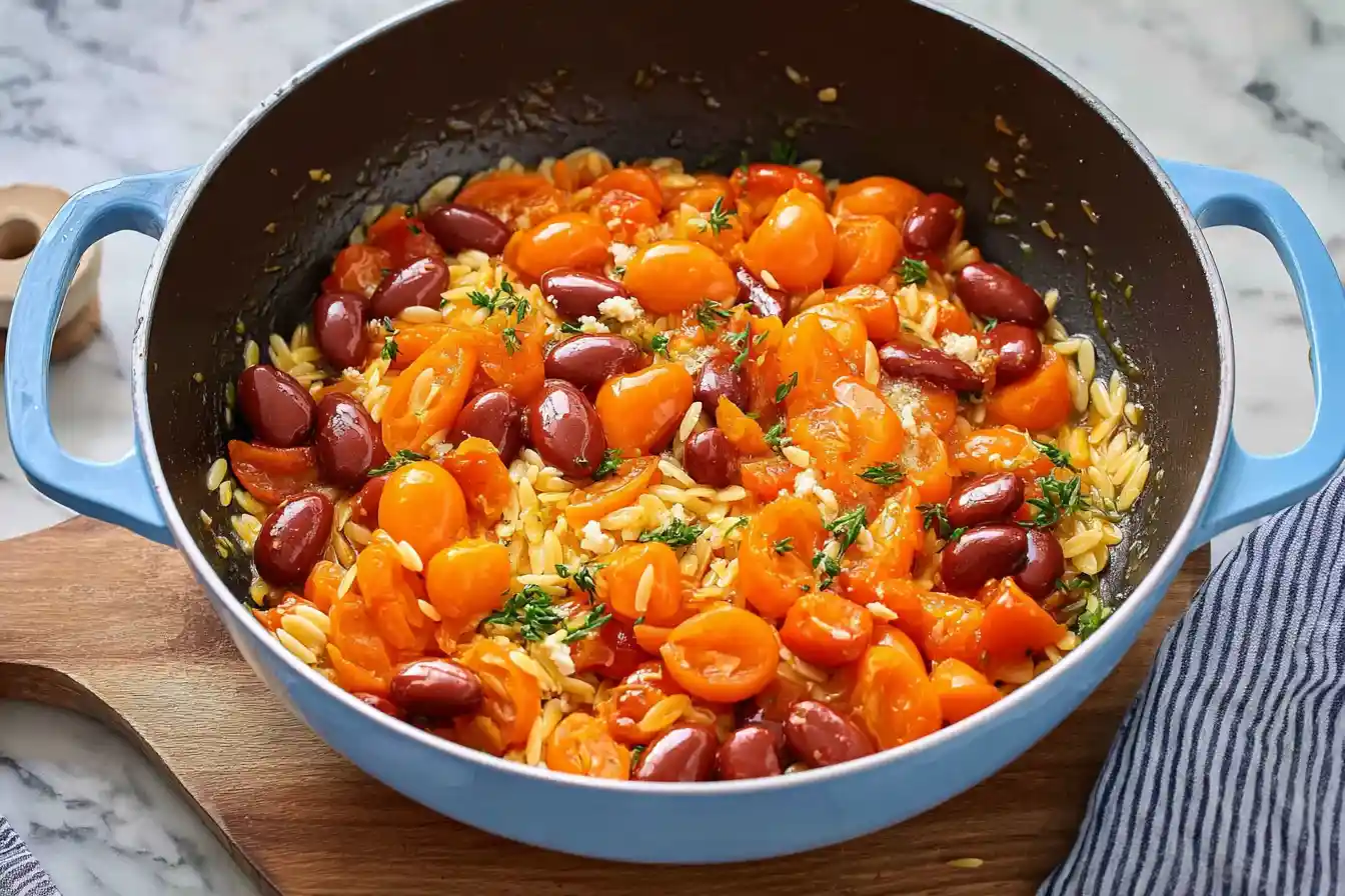 A vibrant bowl of Mediterranean Orzo and Beans is presented on a rustic surface, garnished with fresh herbs and a lemon wedge.