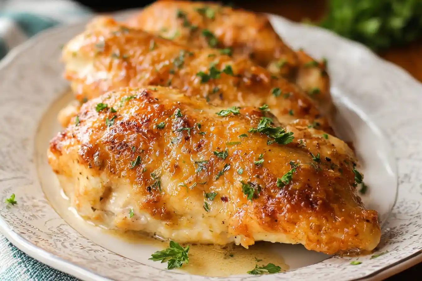 Golden-brown, perfectly roasted chicken pieces are arranged on a plate, promising a Melt in Your Mouth Chicken experience.