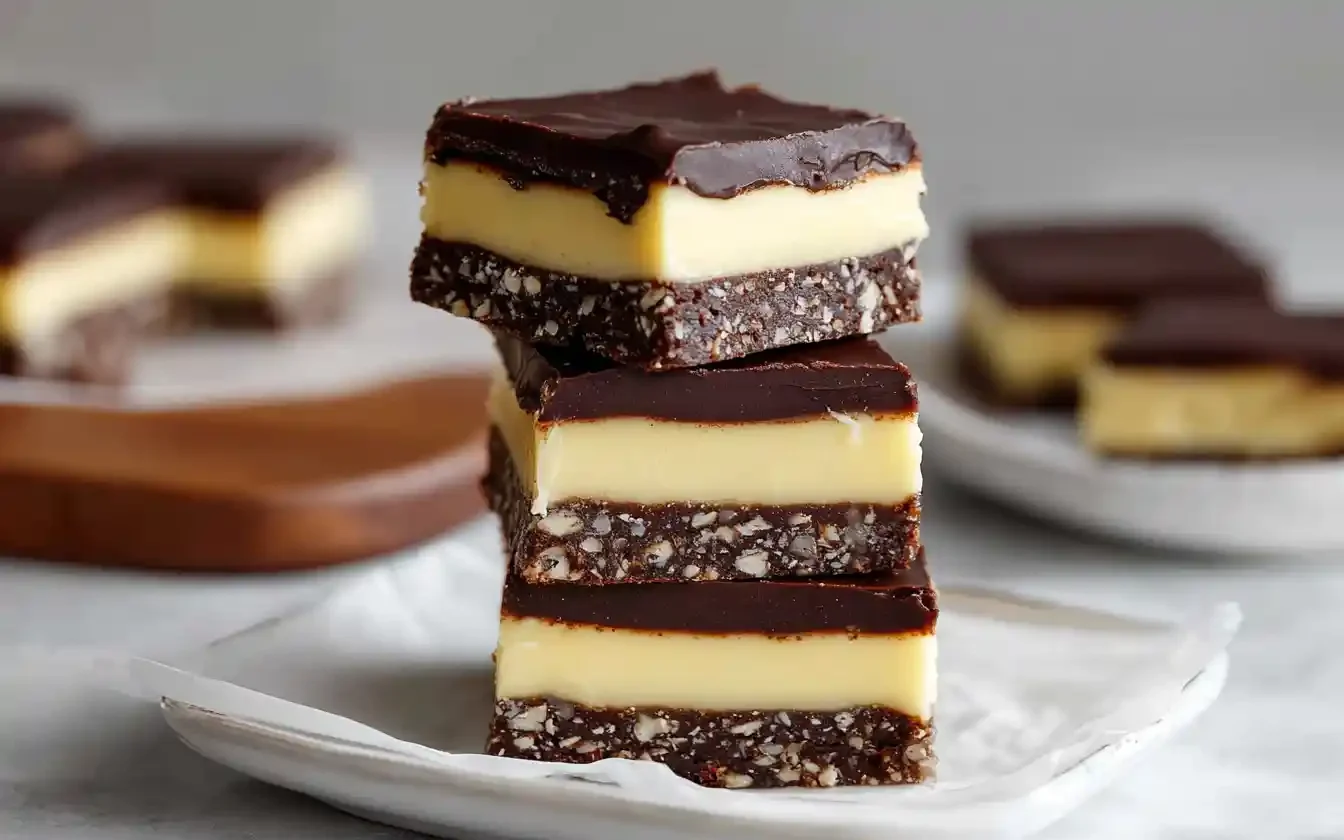 A close-up view of several Nanaimo Bars neatly arranged, showcasing their distinct layers of chocolate crumb base, creamy yellow custard filling, and smooth chocolate ganache.