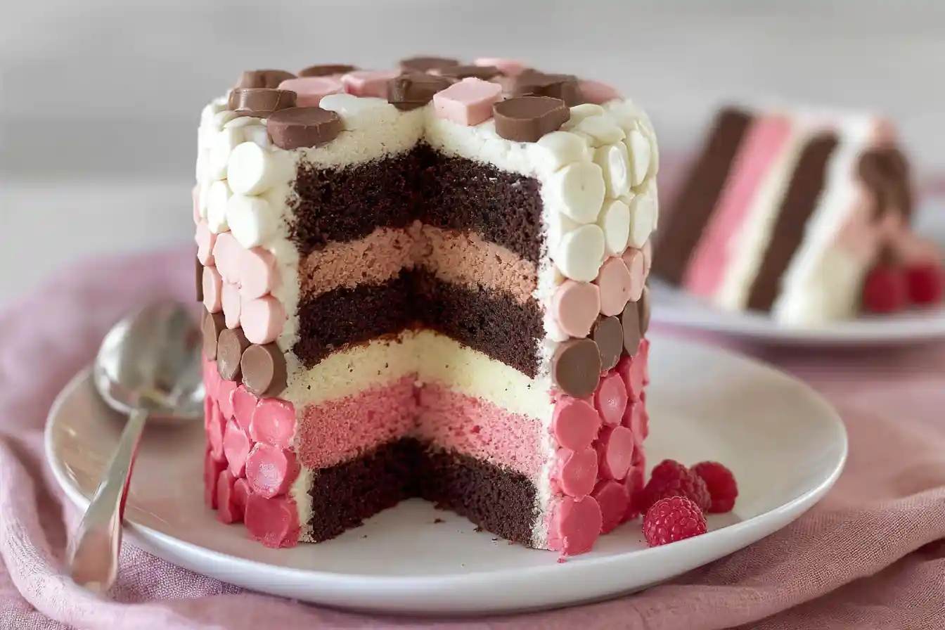 A vibrant slice of neapolitan cake displaying distinct layers of pink strawberry, white vanilla, and brown chocolate on a white plate.