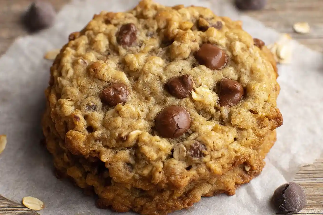 A close-up shows several warm, golden-brown oatmeal chocolate chip cookies with visible chocolate chips on a cooling rack.
