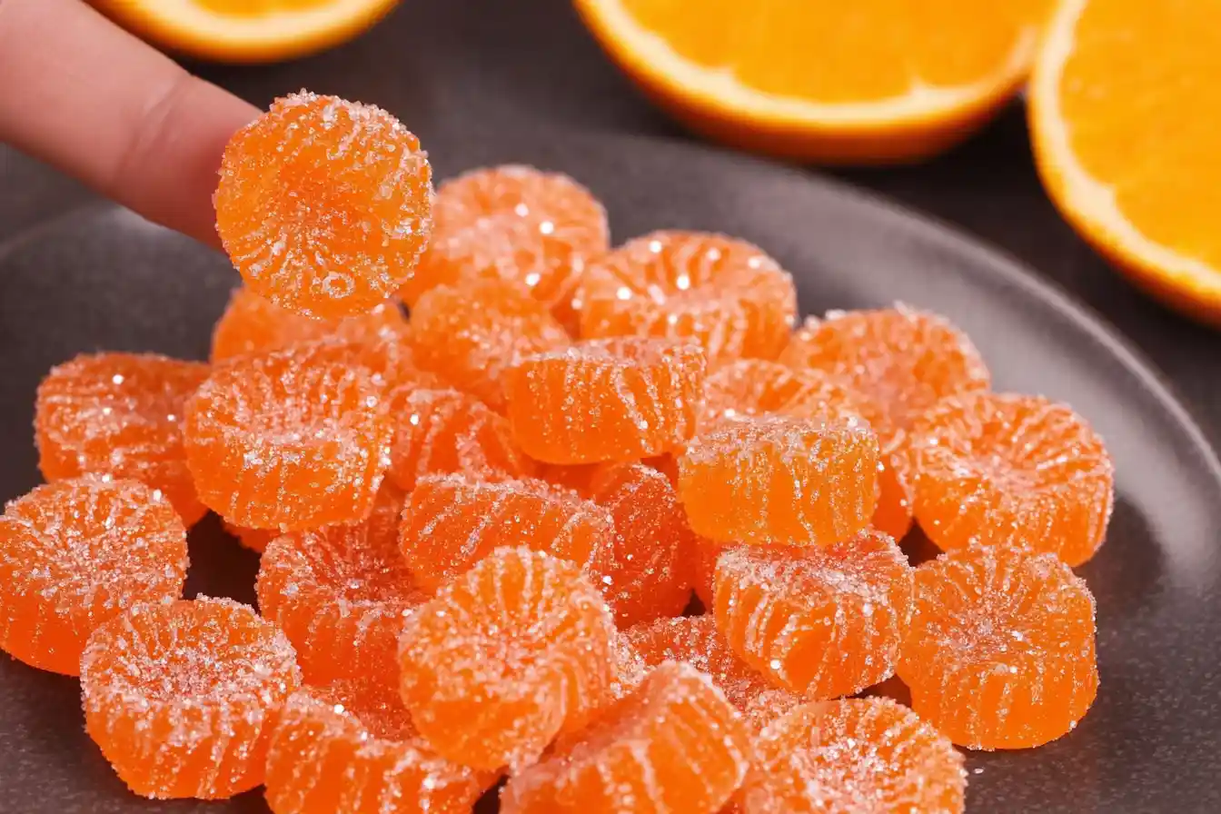 A close-up shot of several vibrant pieces of orange candy scattered on a surface.