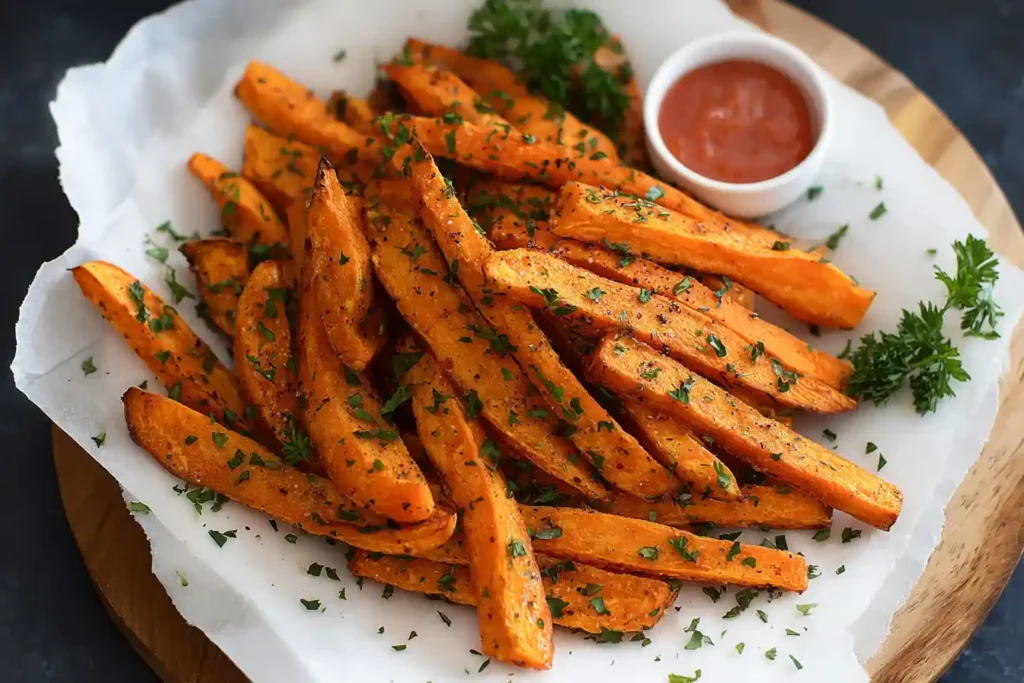 A close-up view of a plate piled high with golden-brown and perfectly crispy Oven Baked Sweet Potato Fries, ready to be served.