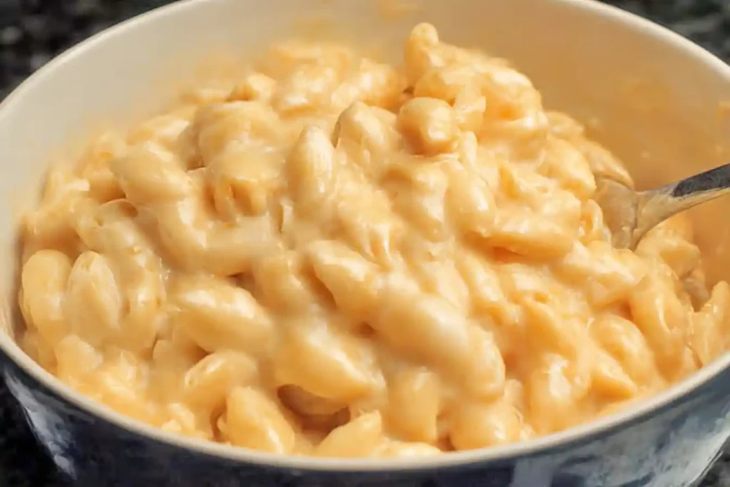 A close-up view of a steaming bowl of Panera Mac and Cheese, showing its creamy texture and golden color.