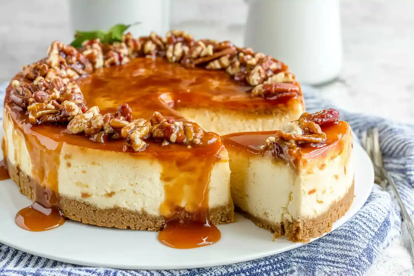 A slice of golden-brown Potato Cheesecake Sweet sits on a white plate, garnished with a sprinkle of cinnamon and a fresh mint leaf.