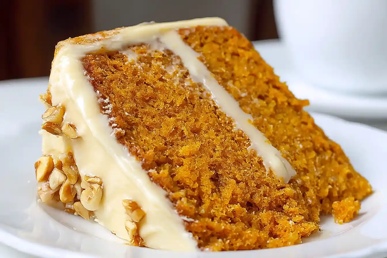 A frosted slice of pumpkin cake next to a whole cake, showcasing a delectable Pumpkin Cake Recipe.