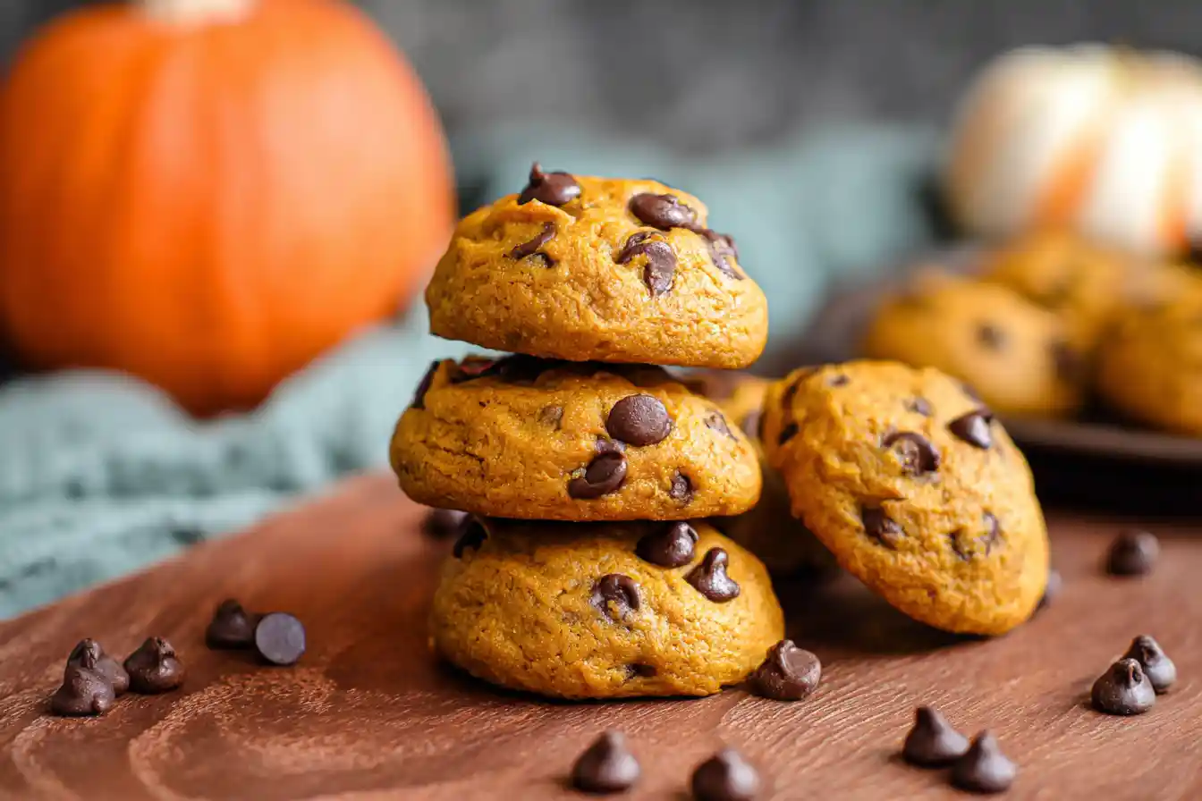 A close-up shot of several freshly baked pumpkin chocolate chip cookies with visible chocolate chips, stacked on a cooling rack.