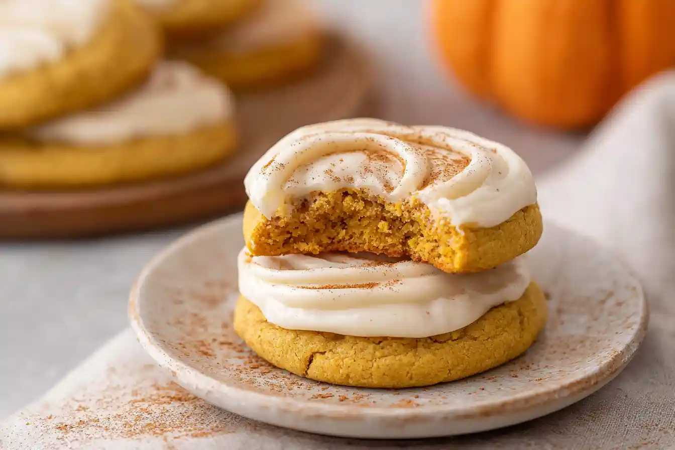 A close-up shot of several freshly baked pumpkin cookies with a light glaze on a wire cooling rack.