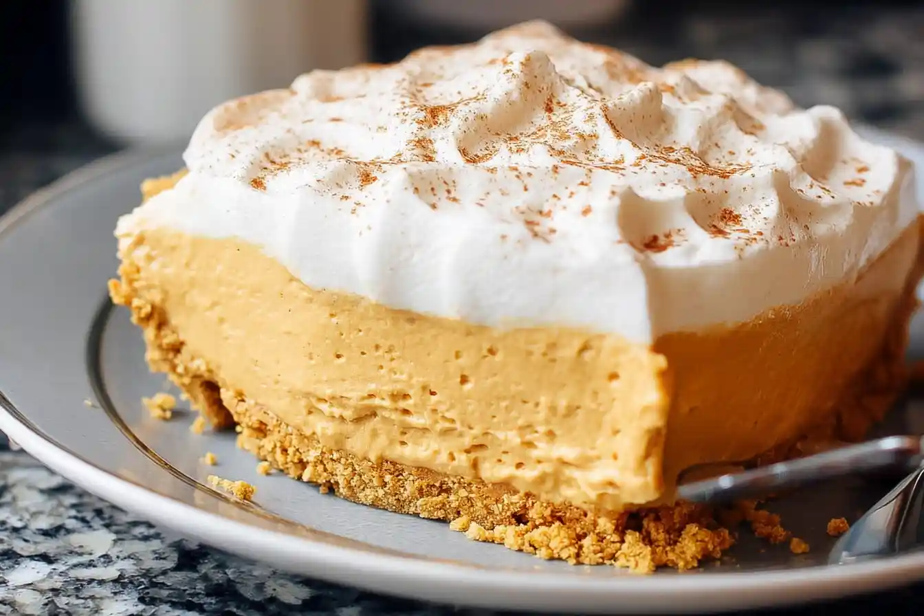 A beautifully sliced Pumpkin Mousse Pie sits on a white plate, topped with a swirl of whipped cream and a sprinkle of cinnamon.