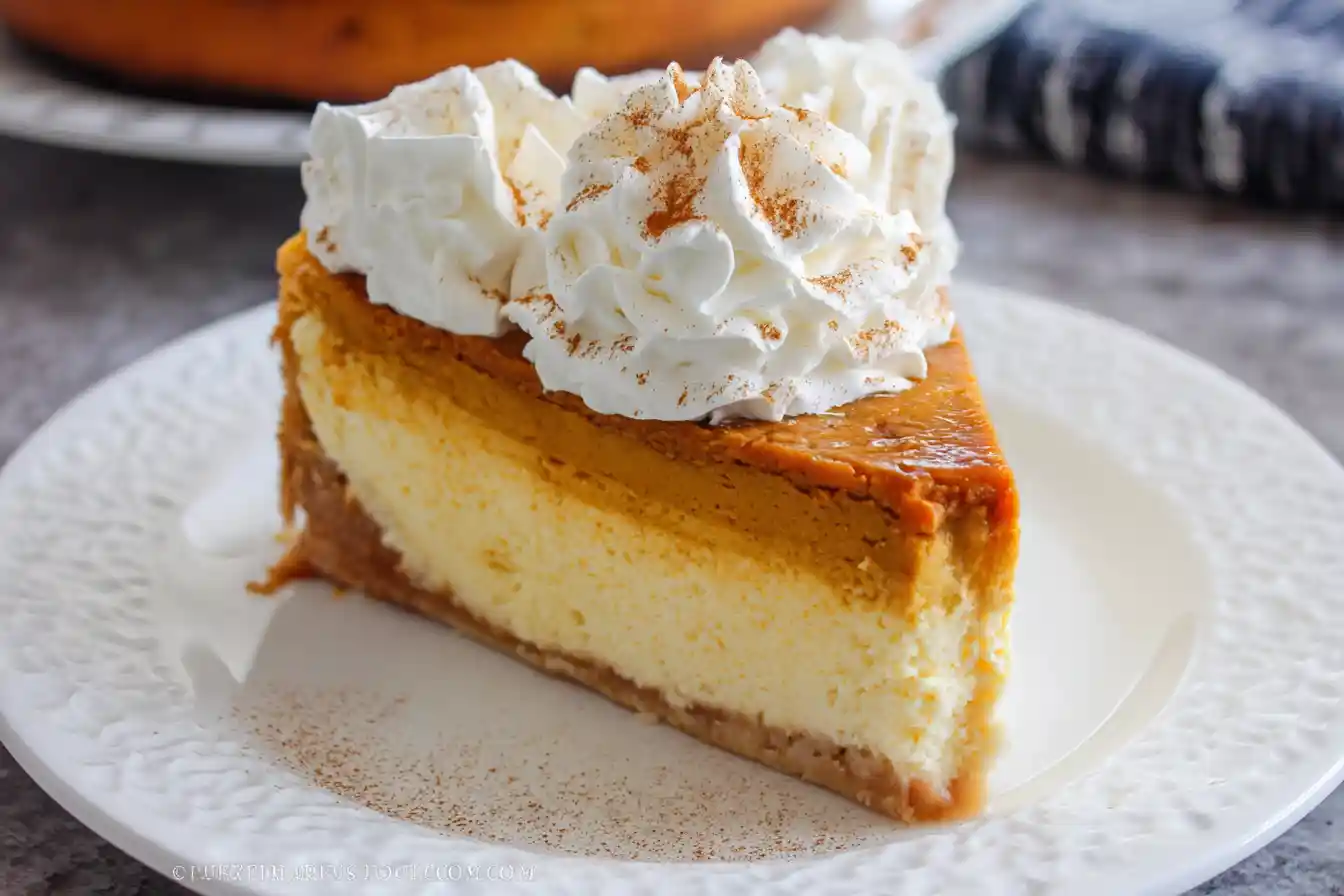 A close-up shot of a perfect slice of PUMPKIN PIE CHEESECAKE topped with whipped cream and a dusting of cinnamon, served on a white plate.