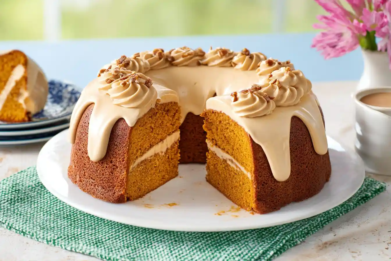 A beautifully decorated Pumpkin Spice Cake with creamy white frosting, drizzled with caramel, and garnished with cinnamon sticks and autumn leaves.