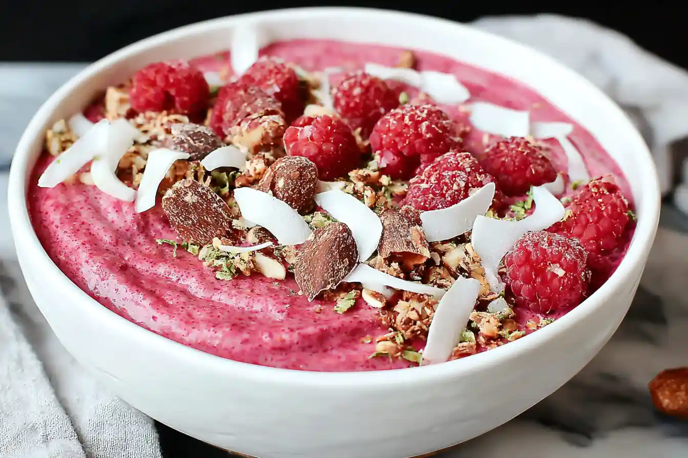 A vibrant Raspberry Coconut Crunch Bowl is beautifully arranged with fresh red raspberries, toasted coconut flakes, and a creamy, textured base.
