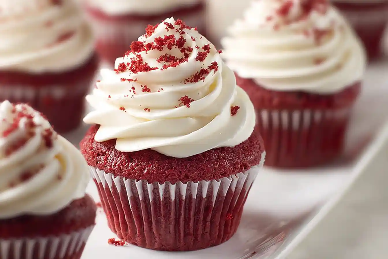 A close-up shot of three beautifully frosted red velvet cupcakes on a white plate, ready to be enjoyed.