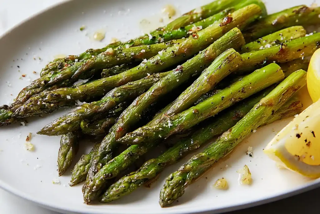 A close-up shows several vibrant green spears of perfectly roasted asparagus on a white serving dish.
