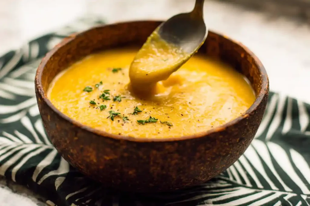 A vibrant orange bowl of creamy Roasted Sweet Potato Soup is garnished with fresh green herbs and a swirl of coconut cream, placed on a rustic wooden table.