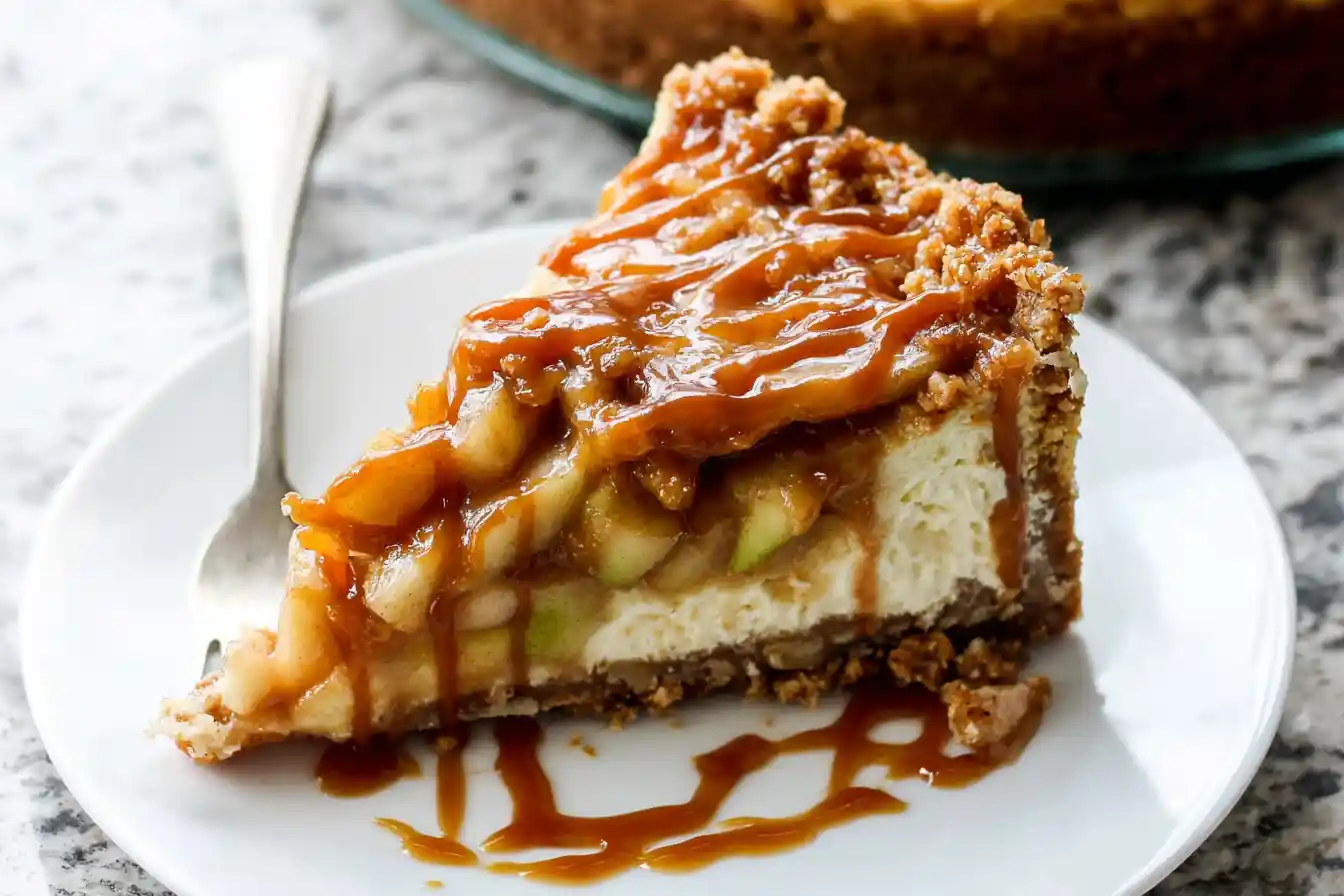 A decadent slice of Salted Caramel Apple Pie Cheesecake sits on a white plate, showcasing its layers of creamy filling, apple topping, and generous caramel drizzle.