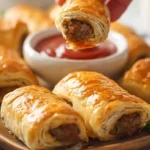 A close-up view of several golden-brown, flaky pastry Sausage Rolls, freshly baked and arranged on a serving board.