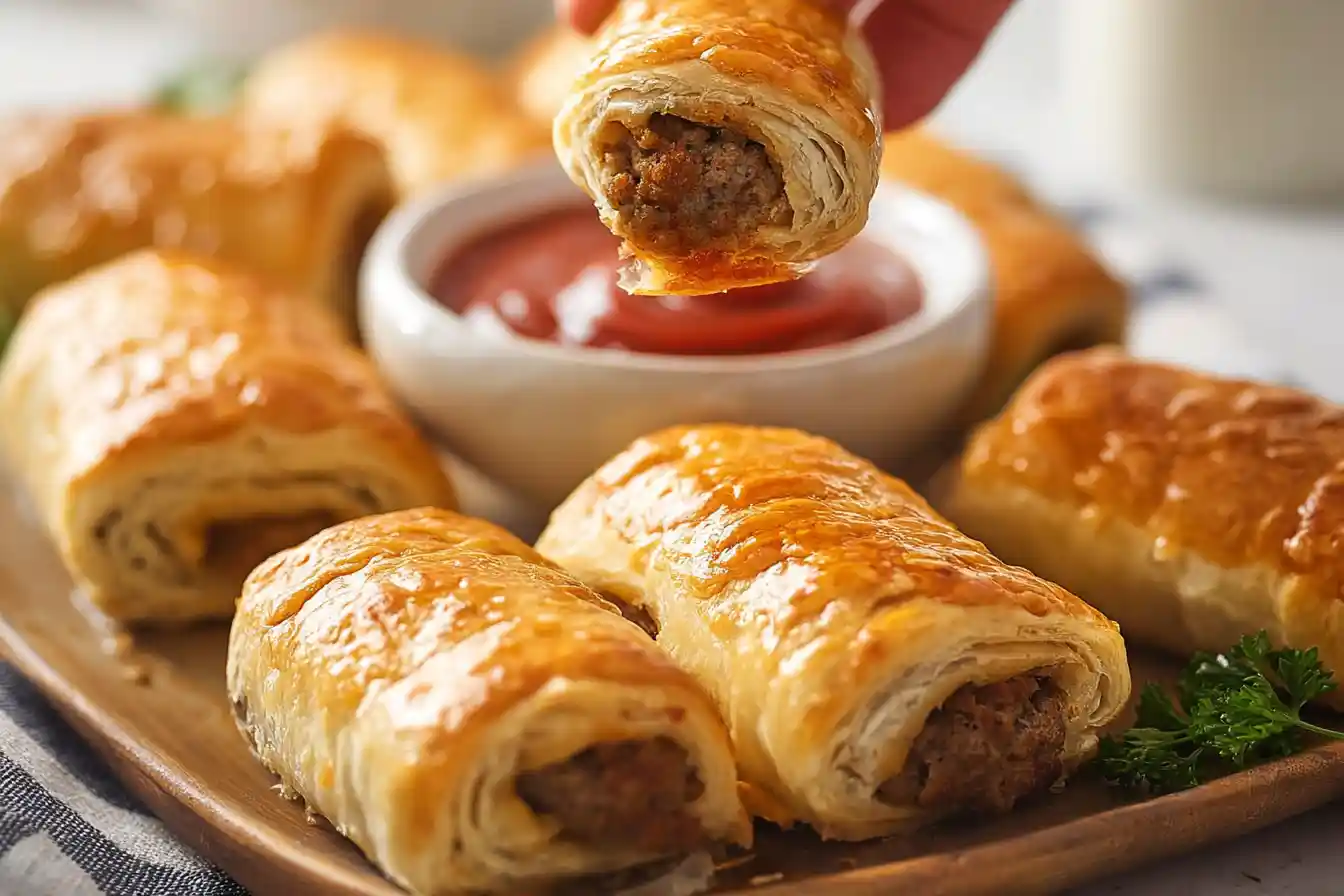 A close-up view of several golden-brown, flaky pastry Sausage Rolls, freshly baked and arranged on a serving board.