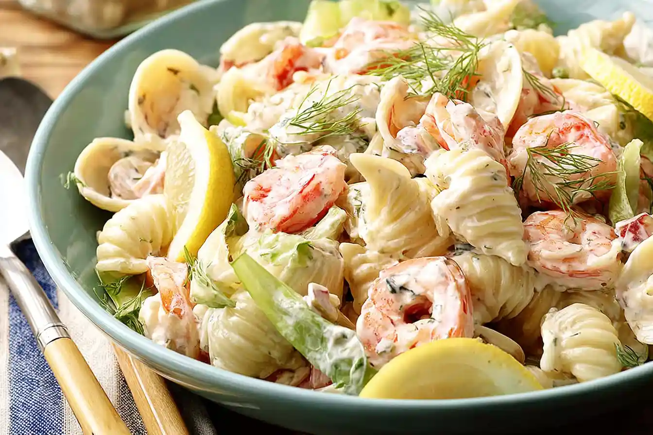 A vibrant bowl of seafood pasta salad, brimming with shrimp, colorful vegetables, and pasta, is presented on a rustic surface.