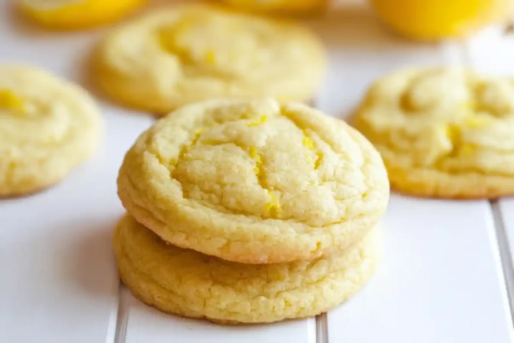 A close-up view of several golden-yellow Soft Chewy Lemon Cookies, generously dusted with powdered sugar and arranged on a light-colored surface.