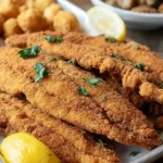 A close-up view of a plate featuring crispy, golden-brown Southern Fried Catfish fillets, garnished with lemon wedges.