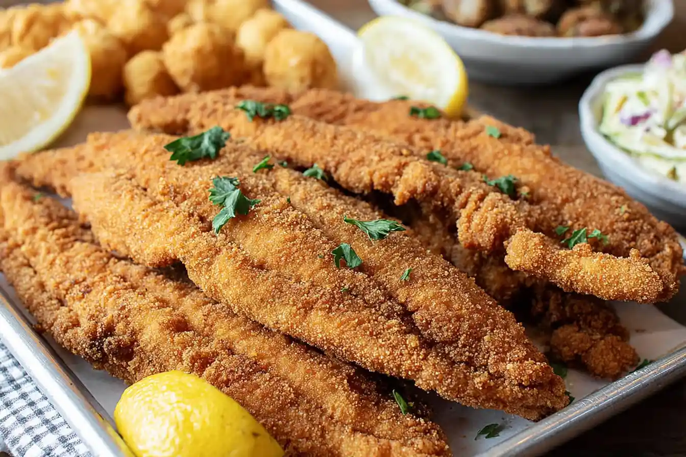 A close-up view of a plate featuring crispy, golden-brown Southern Fried Catfish fillets, garnished with lemon wedges.