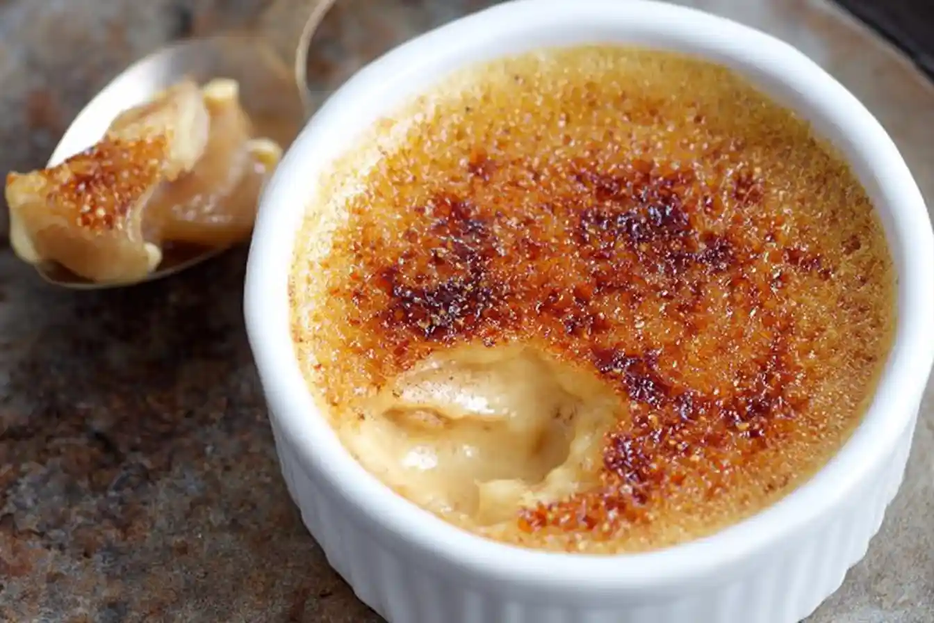 A perfectly torched, golden-brown Spiced Apple Crème Brûlée is presented in a ramekin, garnished with cinnamon and apple slices.