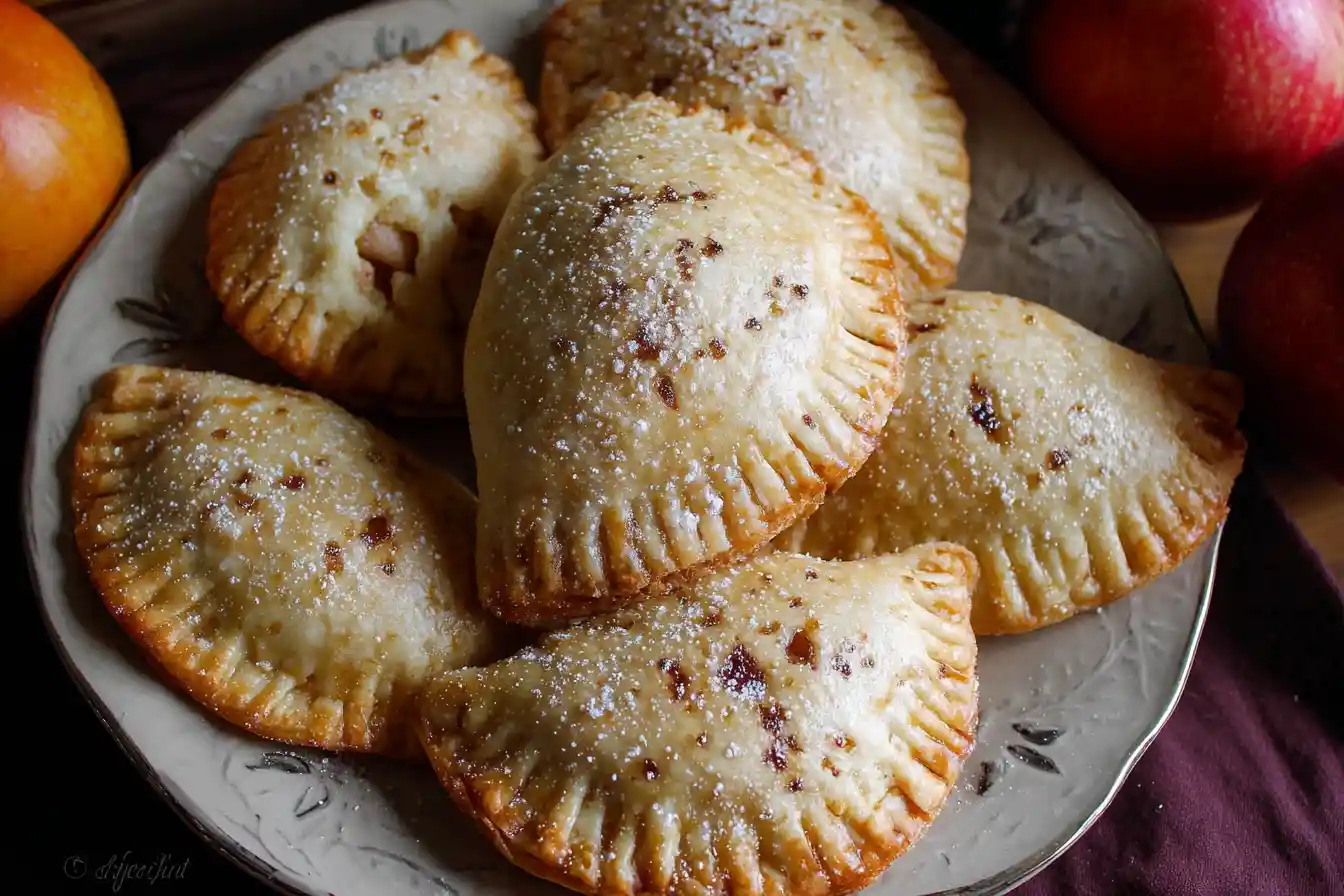 Several golden-brown, flaky Spiced Apple Hand Pies are beautifully arranged on a rustic wooden surface, showcasing their delicious crust.
