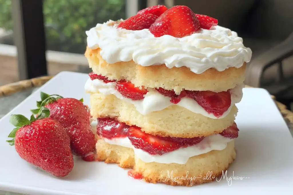 A delightful slice of Strawberry Shortcake features layers of fluffy cake, fresh strawberries, and whipped cream, garnished with a whole strawberry on top.