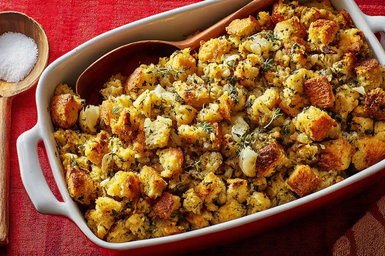 A close-up view of golden-brown, aromatic stuffing in a baking dish, showcasing the potential for delicious stuffing recipes.