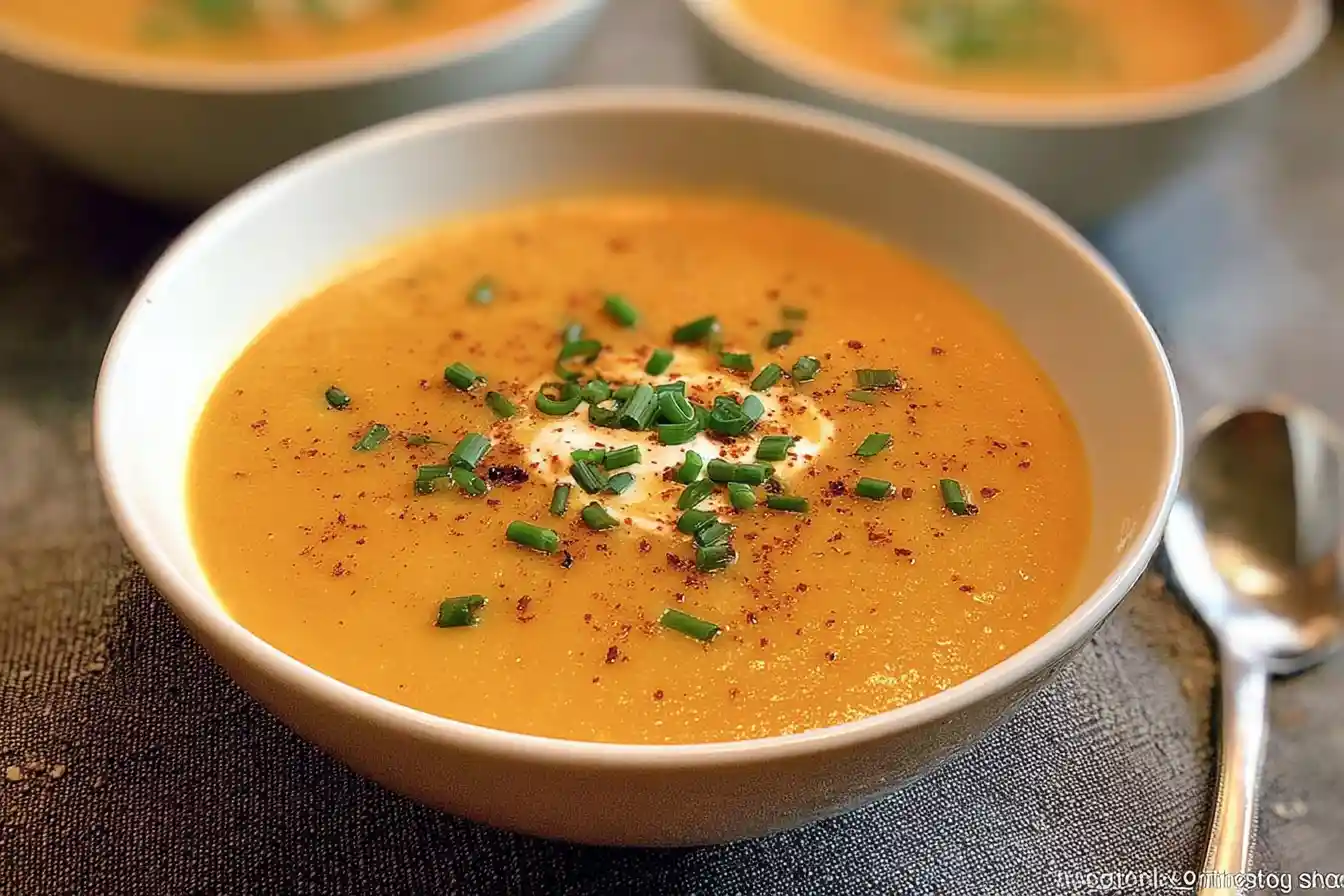 A creamy bowl of vibrant orange sweet potato soup is garnished with a swirl of cream and fresh green herbs.