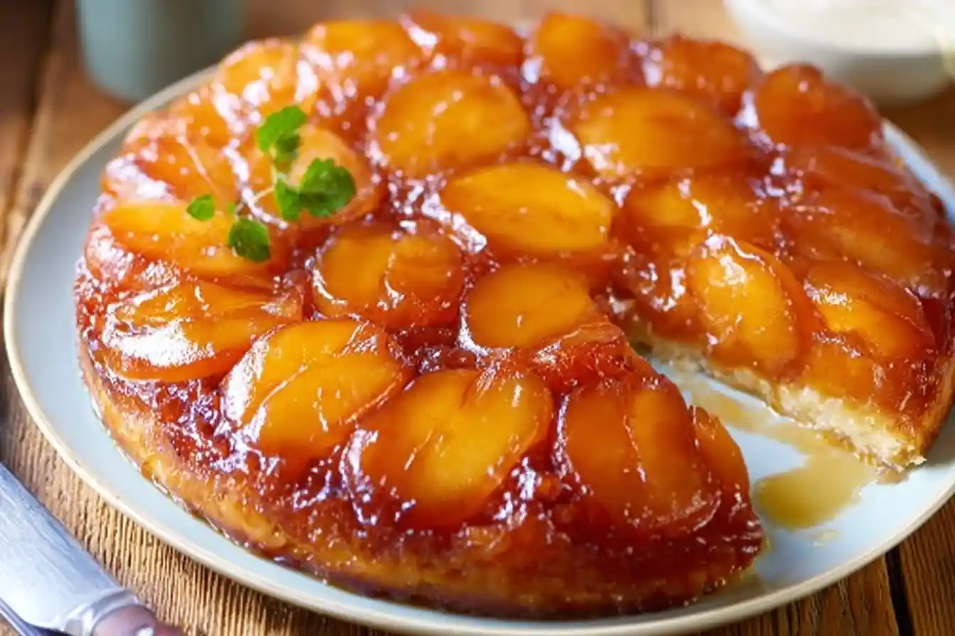 A perfectly golden and caramelized Tarte Tatin is ready to be enjoyed.