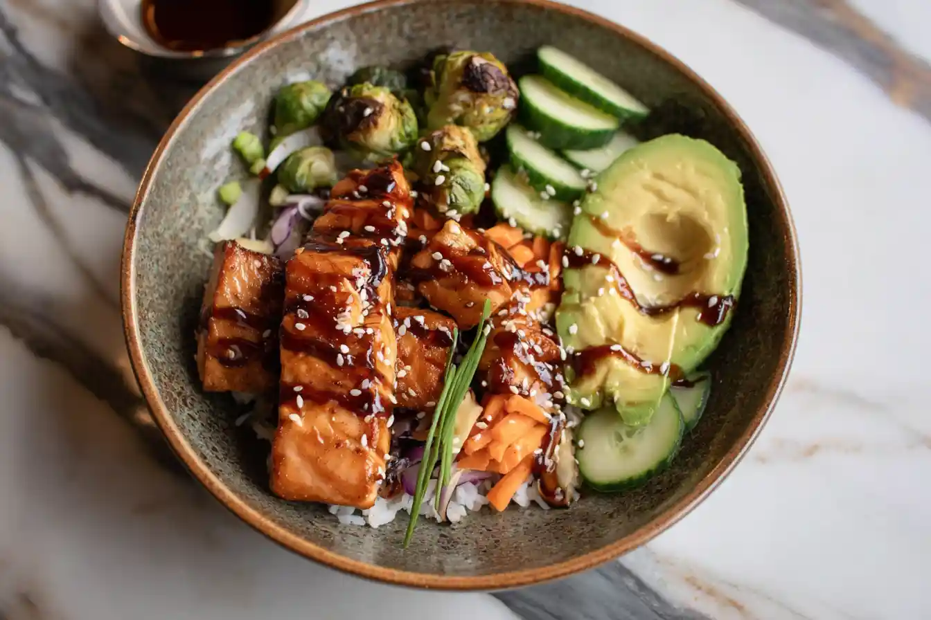 A close-up view of a beautifully prepared Teriyaki Salmon Bowl, featuring a glazed salmon fillet, white rice, edamame, avocado slices, and cherry tomatoes.