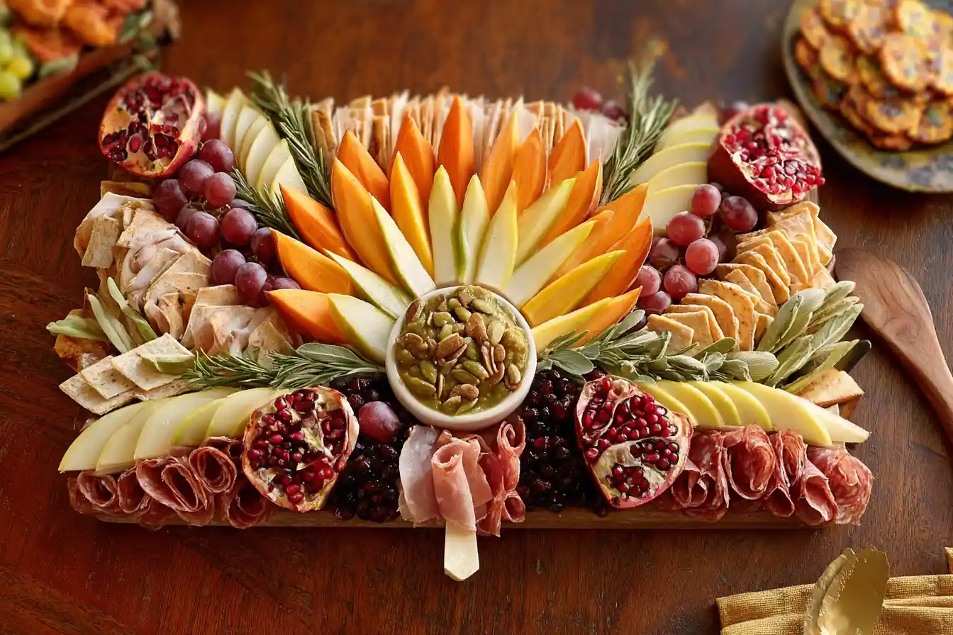 A festive and abundant Thanksgiving Charcuterie Board, artfully arranged with various cheeses, cured meats, crackers, fresh fruits, and nuts.