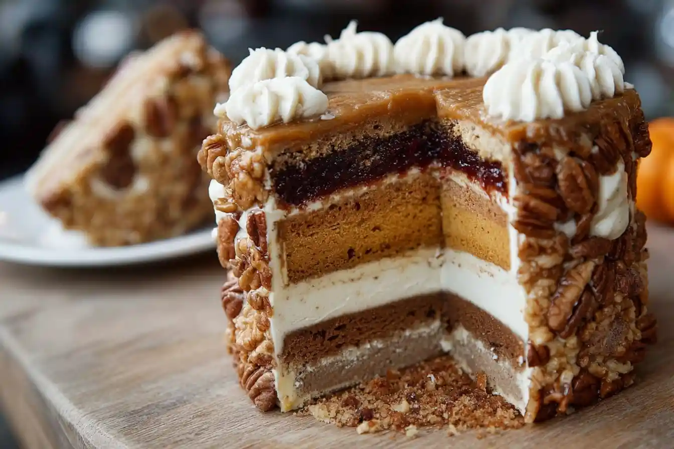 A beautifully layered slice of Thanksgiving Piecaken, showcasing its various pie and cake components, topped with whipped cream.