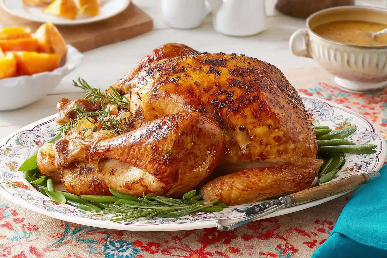 A perfectly roasted, golden-brown turkey garnished with fresh herbs and cranberries on a large serving platter, ready to be carved, highlighting a delicious Thanksgiving Turkey Recipe.