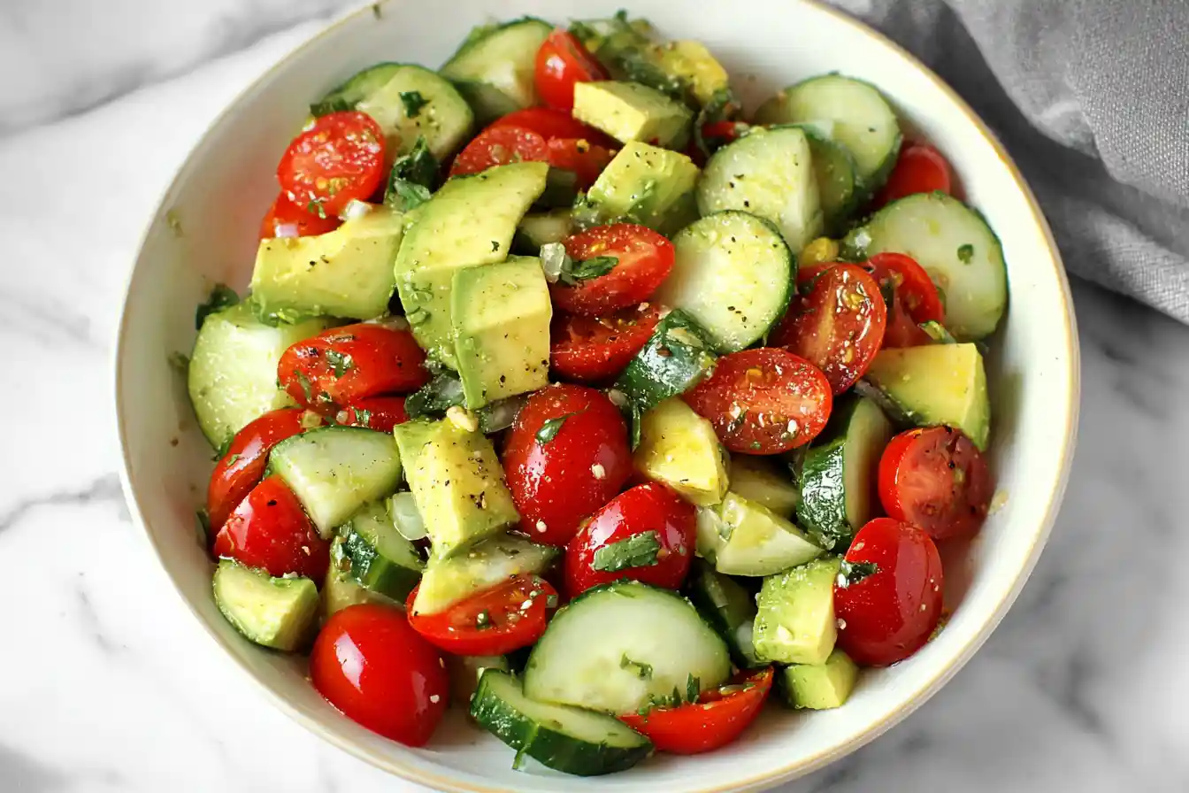 A vibrant and fresh tomato cucumber avocado salad is presented in a white bowl, showcasing diced red tomatoes, green cucumbers, and creamy avocado chunks.