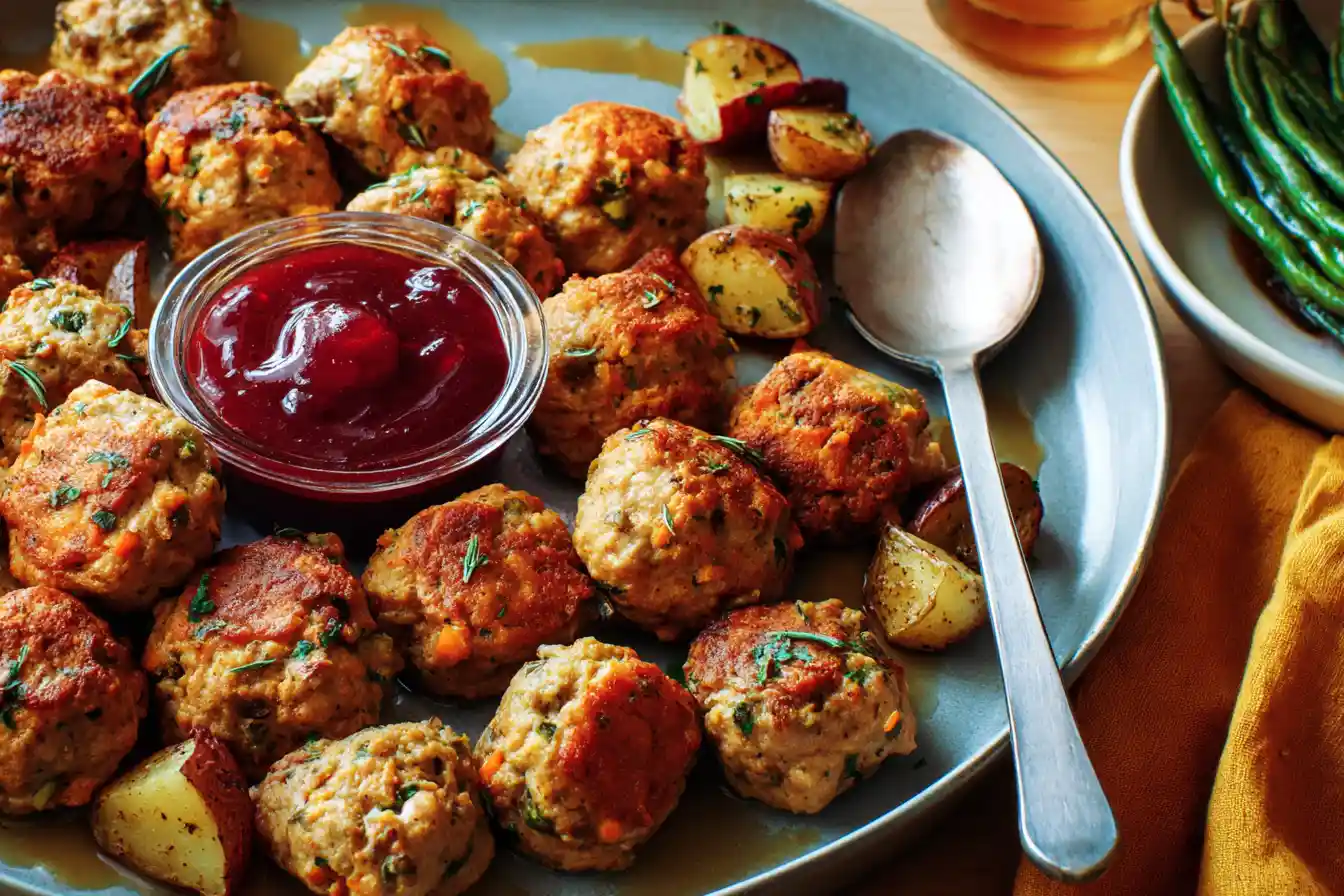 This close-up shows a plate of golden-brown Turkey and Stuffing Meatballs garnished with fresh parsley.