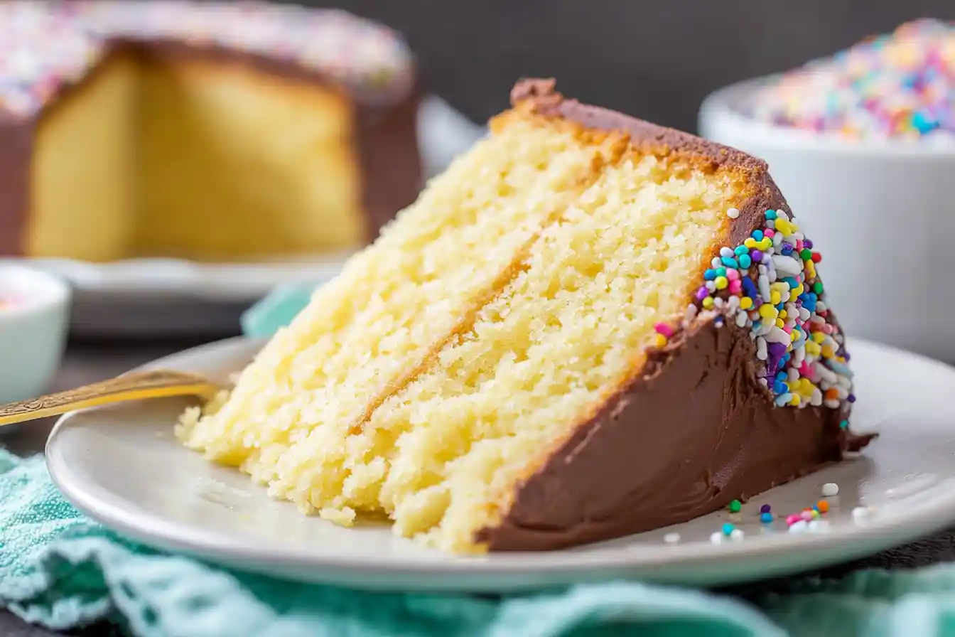 A perfectly baked vanilla cake with white frosting and decorative sprinkles, showcasing the delicious outcome of a great vanilla cake recipe.
