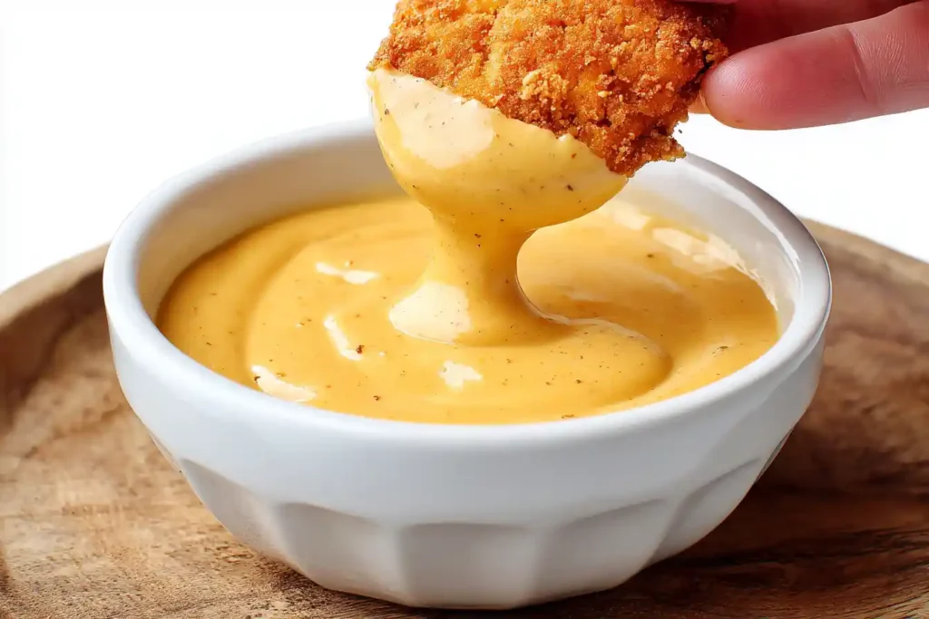 A close-up shot of creamy, golden Vegan Chick Fil a Sauce in a small white ramekin, ready for dipping.