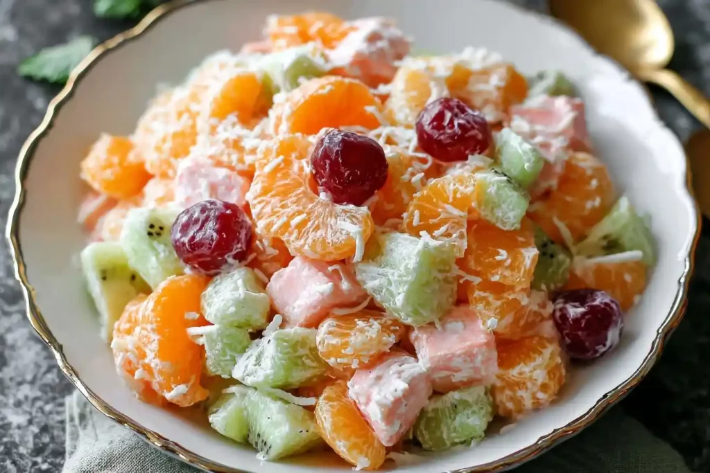 A close-up of a colorful Ambrosia Salad in a white bowl, featuring mandarin oranges, kiwi, cherries, and shredded coconut.