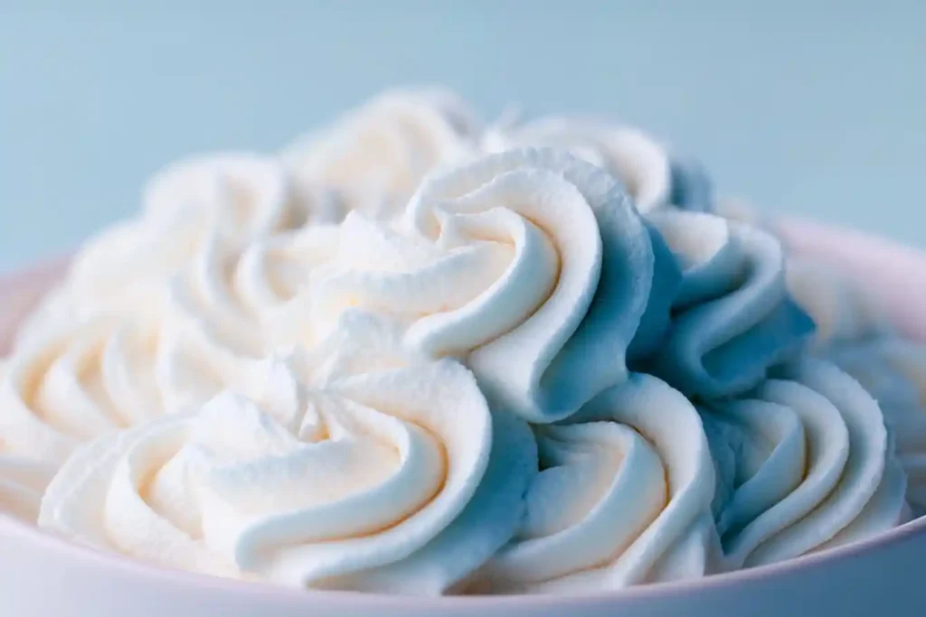 A close-up shot of perfectly piped swirls of fluffy homemade whipped cream in a light-colored bowl against a blue background.