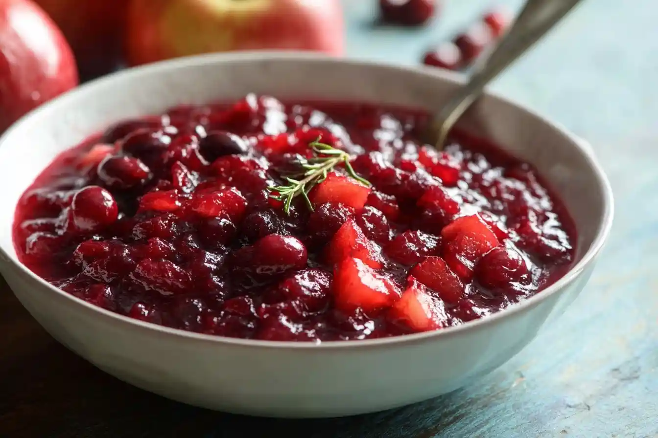 A white bowl filled with homemade Cranberry Apple Sauce, featuring whole cranberries, apple chunks, and a rosemary garnish.