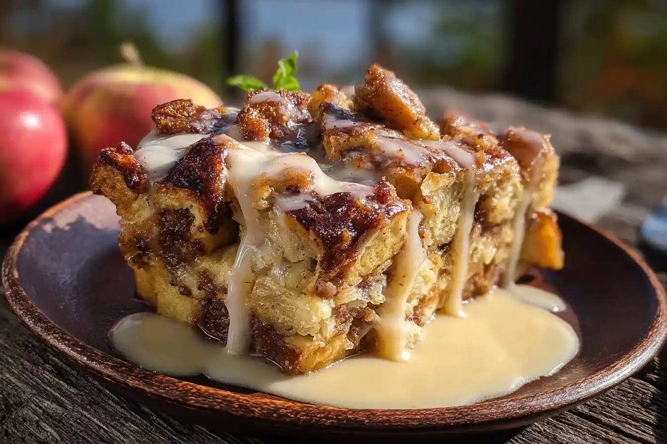 A delicious slice of Cinnamon Roll Bread Pudding drizzled with sweet vanilla icing, served on a dark brown plate.