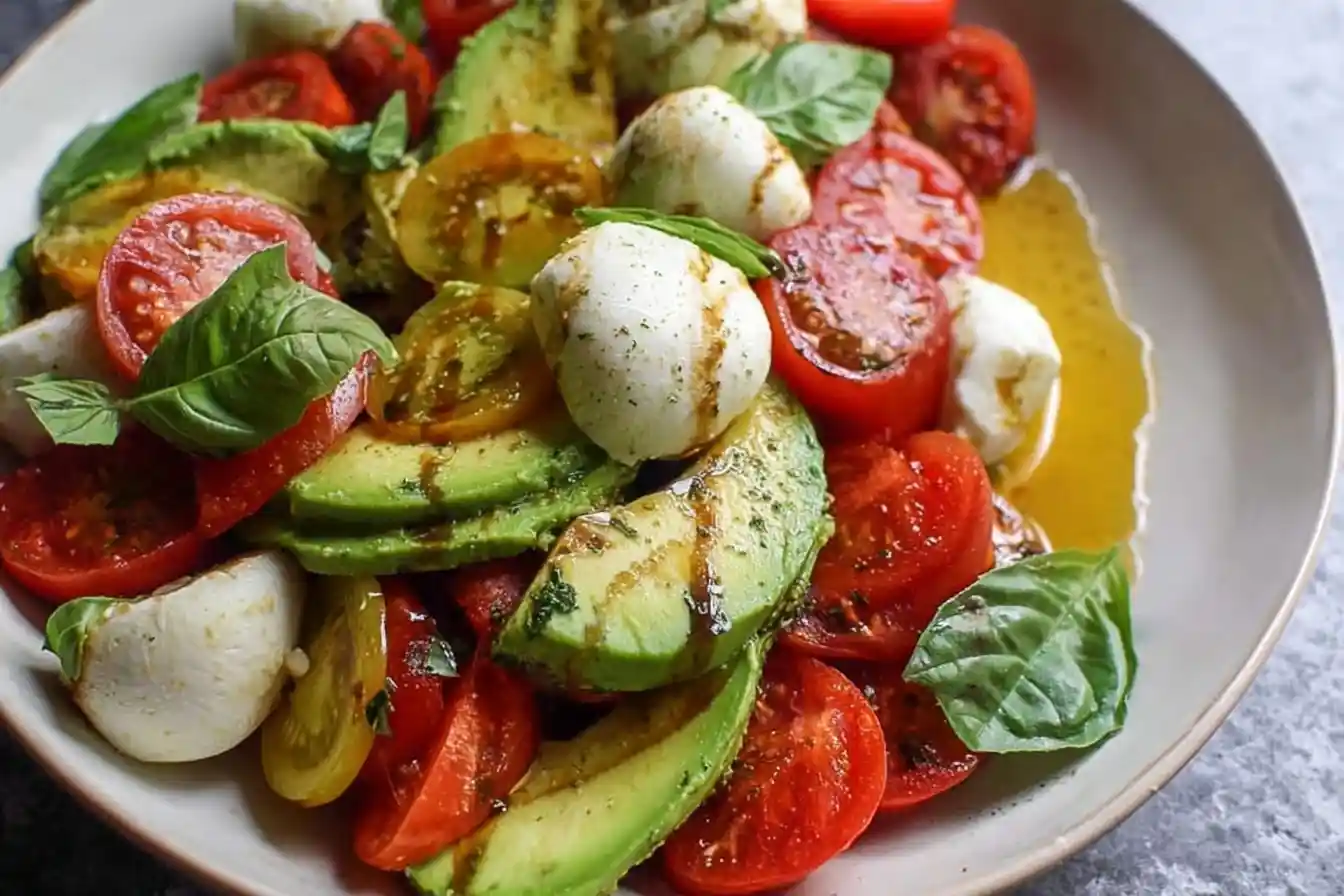 A close-up of an Avocado Caprese Salad with fresh tomatoes, mozzarella, basil, and a balsamic vinaigrette in a rustic bowl.