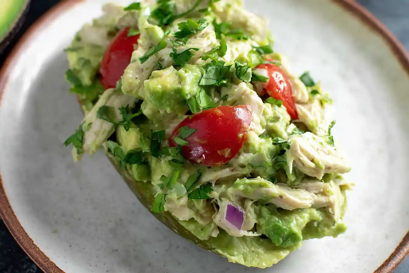 A vibrant bowl of avocado chicken salad, featuring creamy avocado chunks, shredded chicken, and fresh greens, ready to eat.