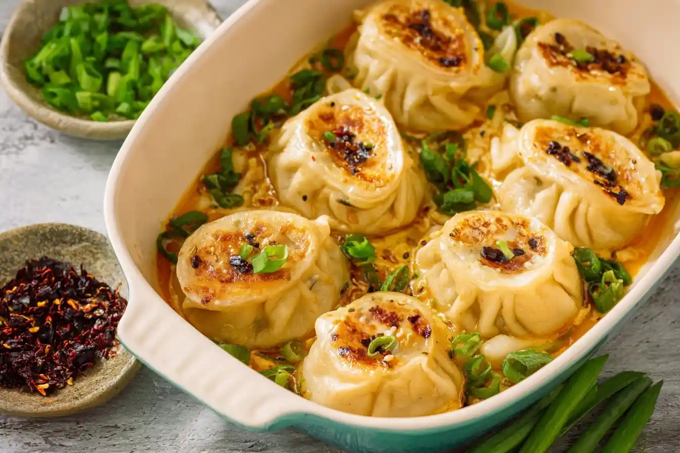 A close-up shot of a baking dish filled with homemade dumplings in chili broth, garnished with fresh scallions.