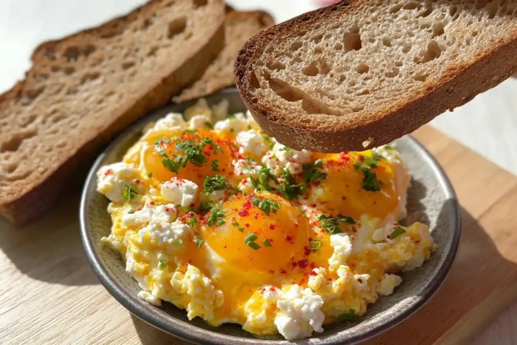 A close-up of a bowl of savory cottage cheese eggs with runny yolks, topped with herbs and served with rustic brown bread.
