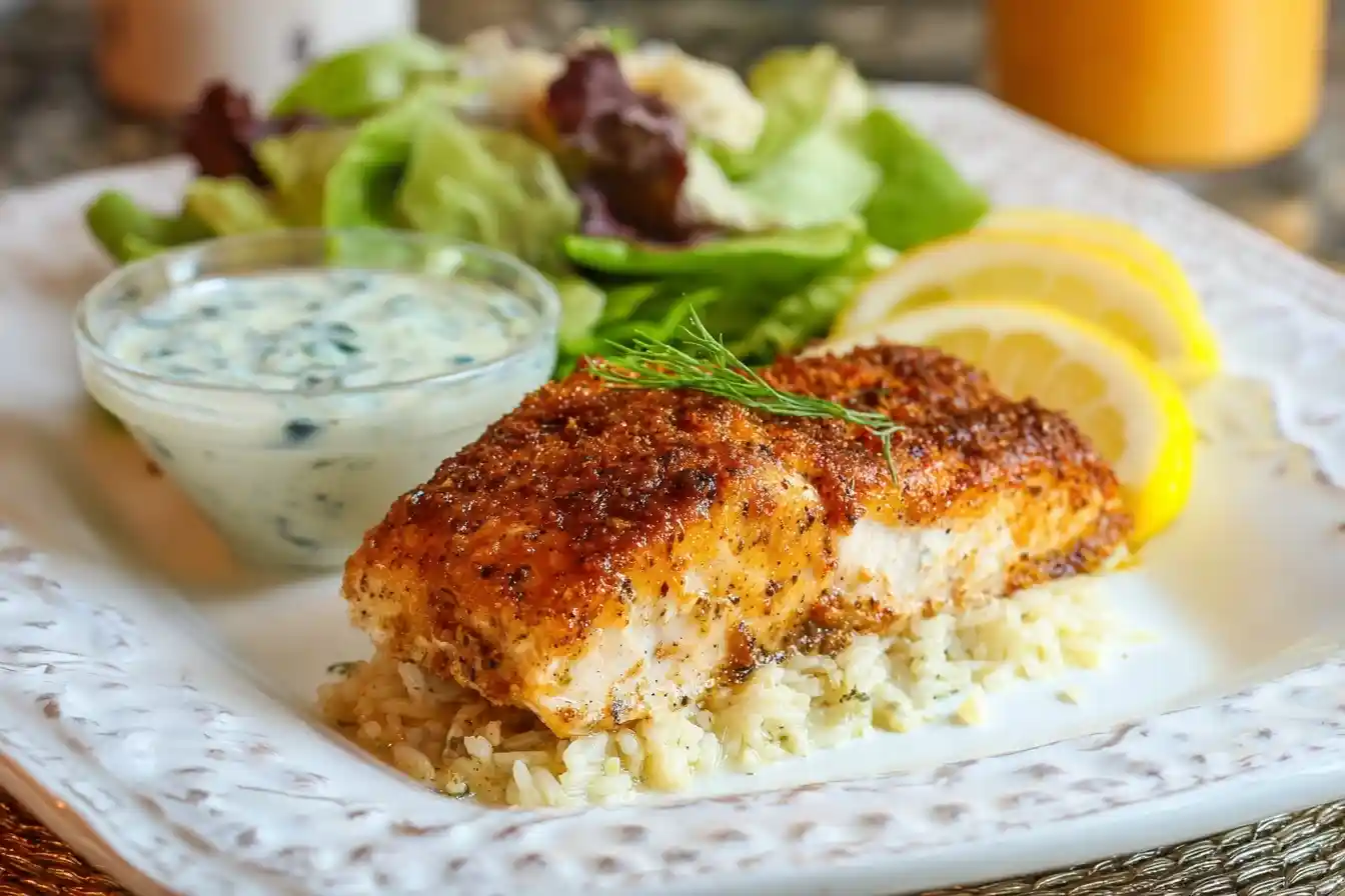 A perfectly Baked Salmon fillet on a bed of rice, served with a fresh salad, lemon slices, and a side of creamy dill sauce.